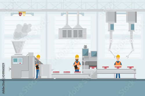 smart industrial factory in a flat style with workers, robots and assembly line packing