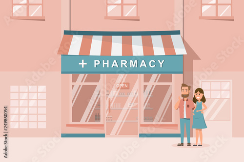 pharmacy store front facade in the city