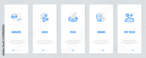 Burgers, Sushi, Pizza, Kebabs, Hot Tacos Vertical Cards with strong metaphors.
