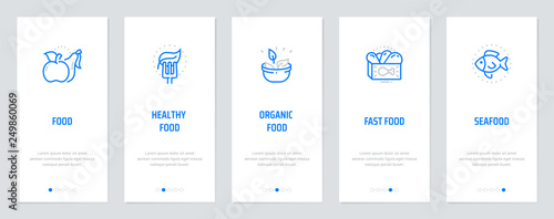 Healthy, Organic, Fast food, Seafood Vertical Cards with strong metaphors.