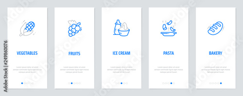 Vegetables, Fruits, Ice cream, Pasta, Bakery Vertical Cards with strong metaphors.