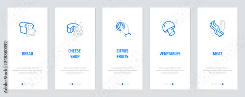 Bread, Cheese, Citrus Fruits, Vegetables, Meat Vertical Cards with strong metaphors.