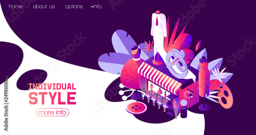 Landing page for individual sewer or woman clothes atelier in dark blue night scene. Vector concept isometric illustration good for web pages and fashion promotion