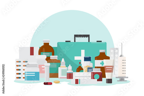 Set of medicine bottles, drugs and pills, pharmacy, drugstore