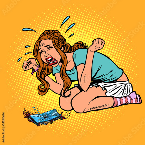 broken phone woman crying hysterical, panic stress
