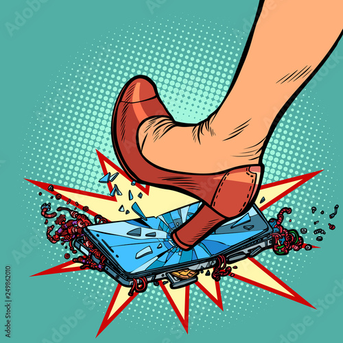 woman heel smashes phone screen