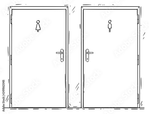 Cartoon drawing of two public toilet or restroom door with lady and gentleman or man and woman symbols.