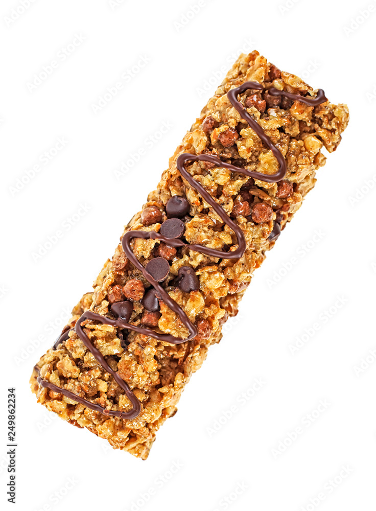 Granola bar with cereals and chocolate isolated on white background Granola bar with cereals and chocolate isolated on white background