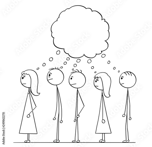 Cartoon stick figure drawing conceptual illustration of group of people waiting in line or queue with empty speech or text bubble above them.