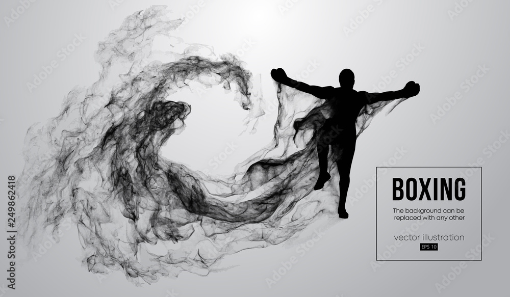 Fototapeta Abstract silhouette of a boxer, mma, ufc fighter on the white background from particles, dust, smoke, steam. Boxer is winner. Background can be changed to any other. Vector illustration