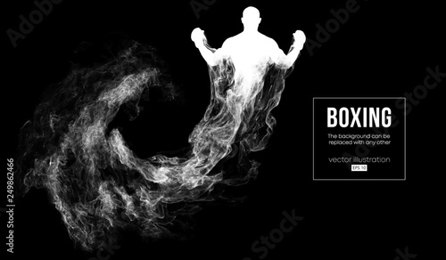Abstract silhouette of a boxer, mma, ufc fighter on the dark, black background from particles, dust, smoke, steam. Boxer is winner. Background can be changed to any other. Vector illustration