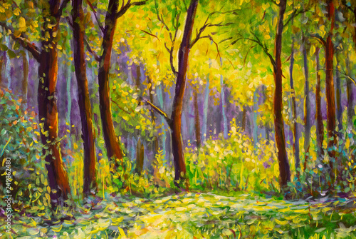 Original oil painting, contemporary style, made on stretched canvas Sunny Park forest wood - green trees in the sunlight
