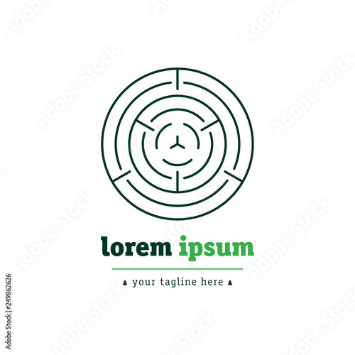 The cut of a tree in the circle shape and labyrinth logo template. For timber and woodworking companies. Creative and modern symbol for company identity, advertising, poster, leaflet, web and flyer.