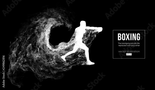 Abstract silhouette of a boxer, mma, ufc fighter on the dark, black background from particles, dust, smoke, steam. Boxer is winner. Background can be changed to any other. Vector illustration