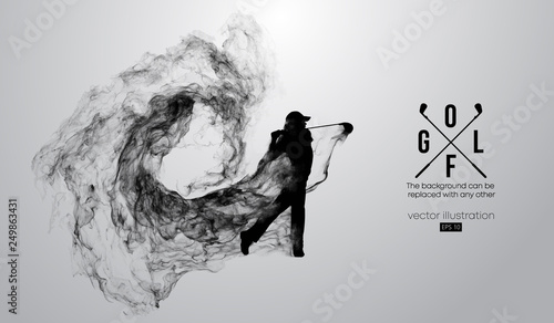 Abstract silhouette of a golf player, golfer on the white background from particles, dust, smoke, steam. Golfer kicks the ball. Background can be changed to any other. Vector illustration