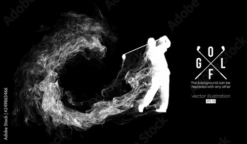Abstract silhouette of a golf player, golfer on the dark, black background from particles, dust, smoke, steam. Golfer kicks the ball. Background can be changed to any other. Vector illustration