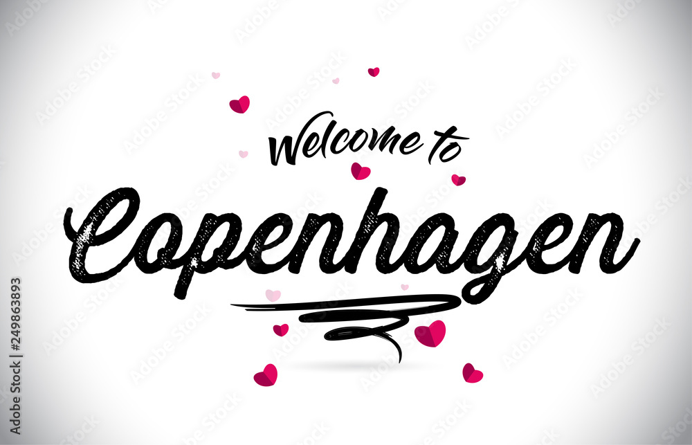 Copenhagen Welcome To Word Text with Handwritten Font and Pink Heart Shape Design.