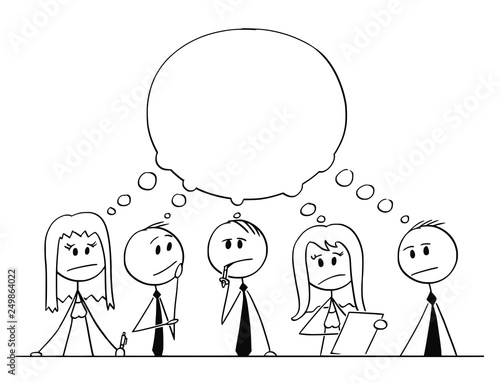 Cartoon stick figure drawing conceptual illustration of team of businessmen and businesswoman having brainstorming thinking about problem solution with empty speech bubble.