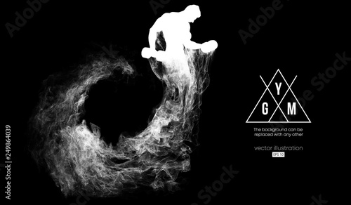 Abstract silhouette of a bodybuilder. gym logo on the dark, black background from particles, dust, smoke, steam. Bodybuilder training. Background can be changed to any other. Vector illustration