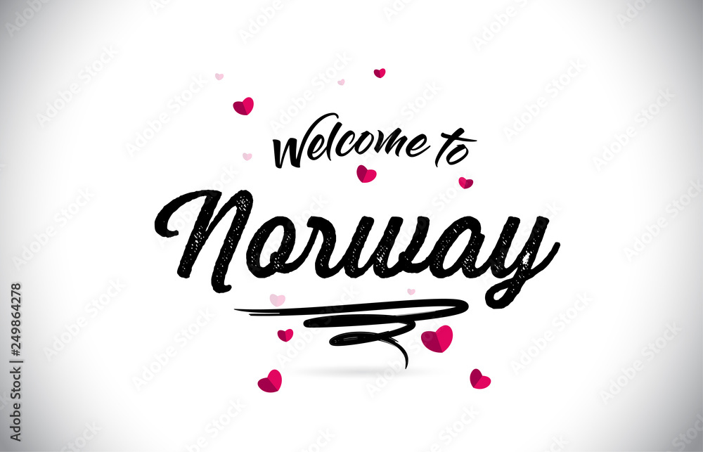 Norway Welcome To Word Text with Handwritten Font and Pink Heart Shape Design.