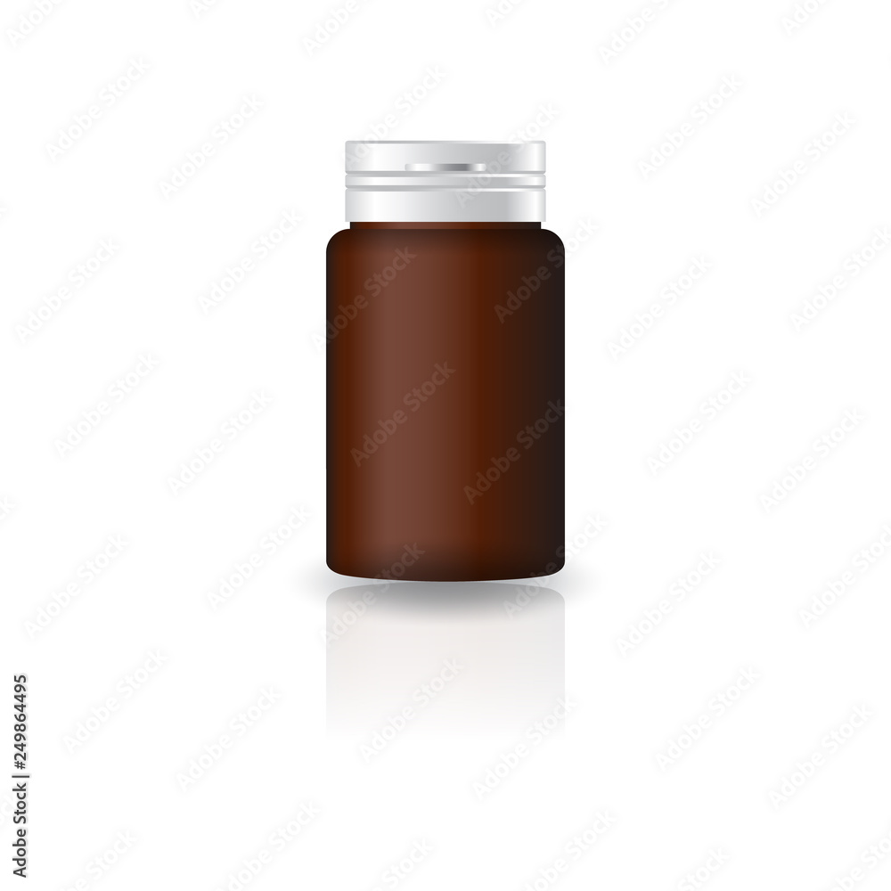Brown cylinder supplements or medicine bottle with cap lid for beauty or healthy product. Isolated on white background with reflection shadow. Ready to use for package design. Vector illustration. Brown cylinder supplements or medicine bottle with cap lid for beauty or healthy product. Isolated on white background with reflection shadow. Ready to use for package design. Vector illustration.