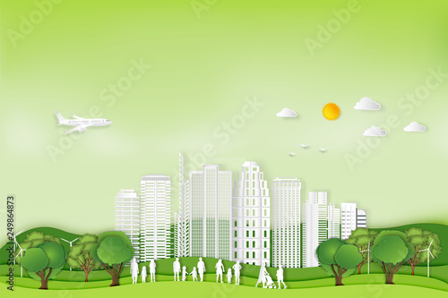 Fototapeta Naklejka Na Ścianę i Meble -  Paper art , cut and craft style of green eco urban city with people and nature cityscape background as Ecology design and environment conservation creative idea concept. Vector illustration.