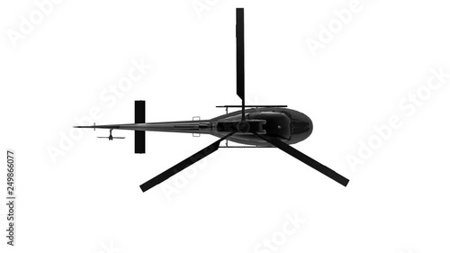 Aerial top view of flying black metal rotating blades helicopter isolated on white background with alpha mask channel motion footage.