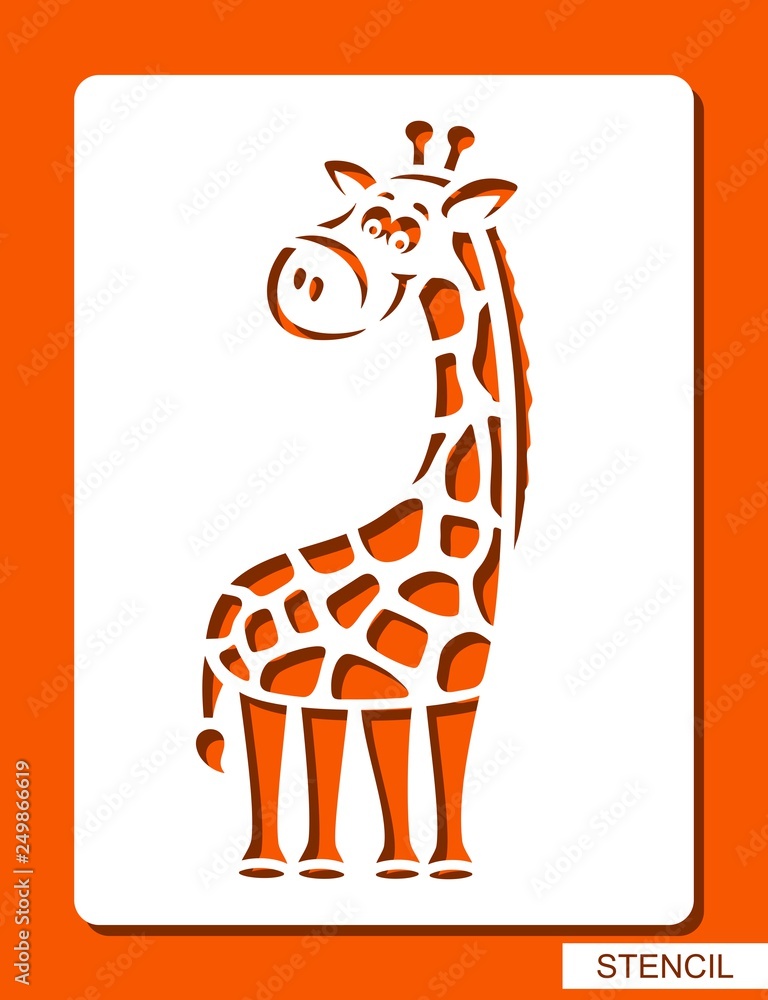Cute cheerful giraffe. Stencil for children. White object on orange