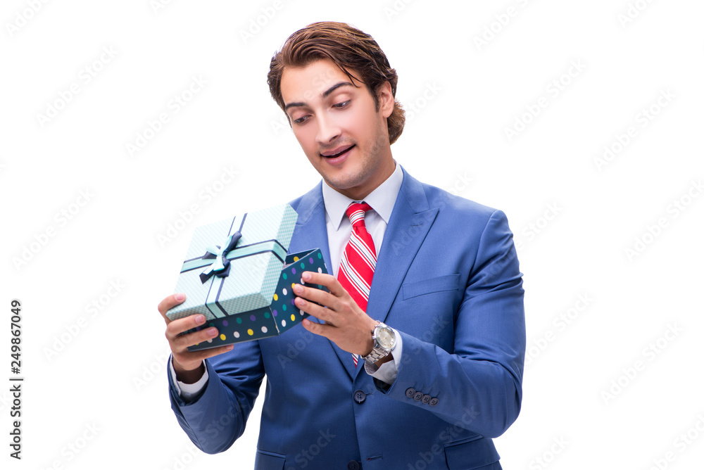 Elegant businessman with giftbox isolated on white Elegant businessman with giftbox isolated on white