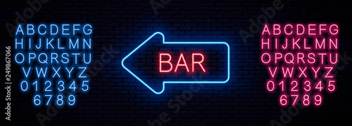 Neon index arrow. With bonus neon alphabet. Vector Illustration