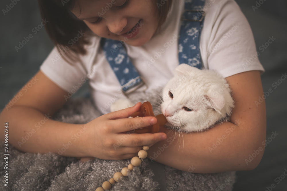kid girl plays with cat, gives kitten pacifier kid girl plays with cat, gives kitten pacifier