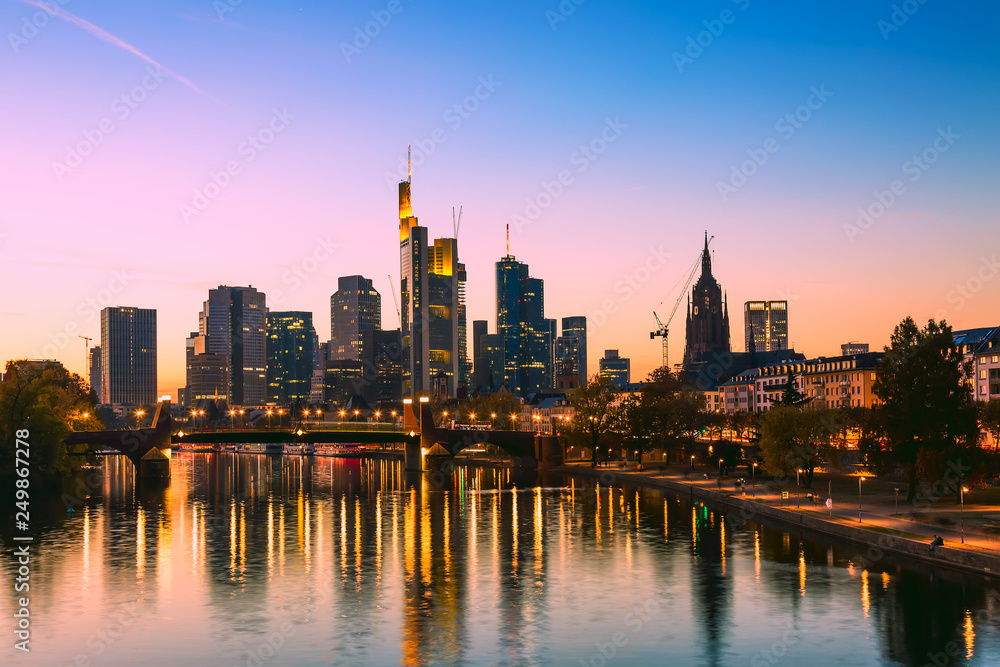 Skyline cityscape of Frankfurt, Germany during sunset. Frankfurt Main in a financial capital of Europe.