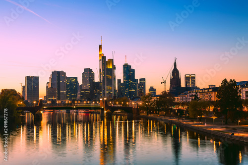 Skyline cityscape of Frankfurt  Germany during sunset. Frankfurt Main in a financial capital of Europe.
