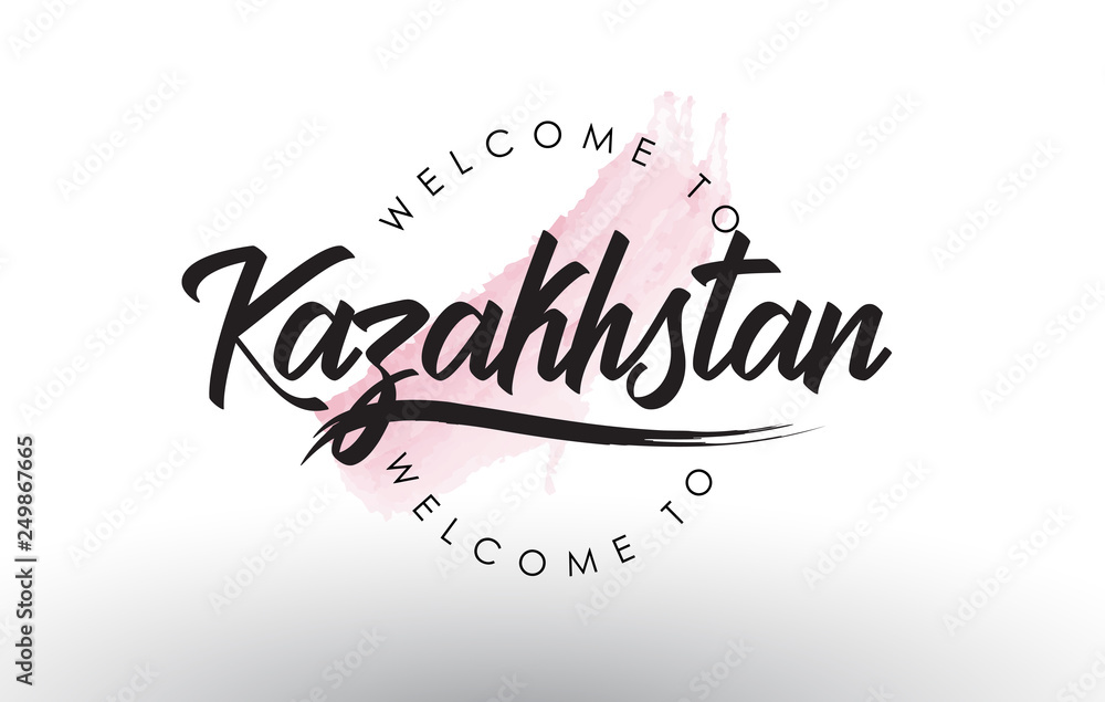 Kazakhstan Welcome to Text with Watercolor Pink Brush Stroke