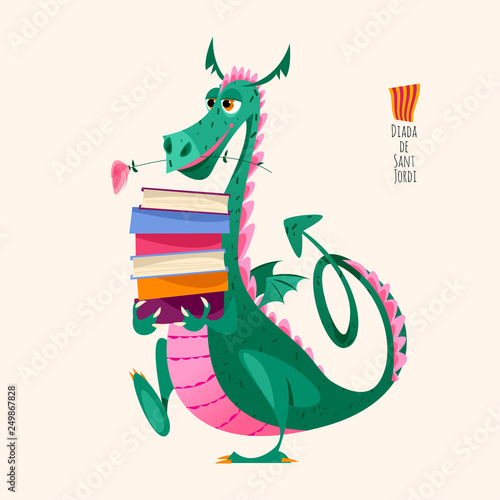 Dragon carries a large stack of books. Diada de Sant Jordi (the Saint George’s Day). Traditional festival in Catalonia, Spain.