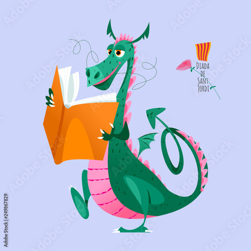 Dragon walks and reeds a big  book. Diada de Sant Jordi (the Saint George’s Day). Traditional festival in Catalonia, Spain.