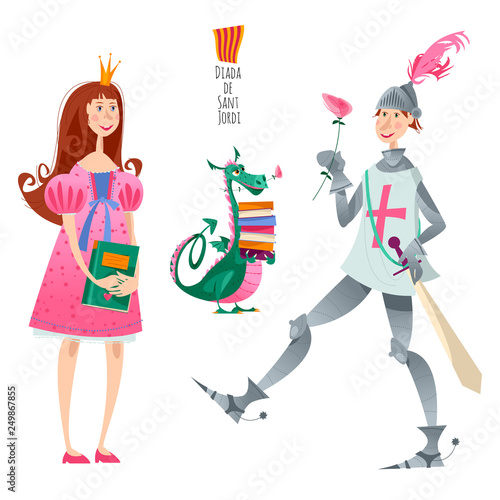 Princess, knight with a rose and dragon with books. Diada de Sant Jordi (the Saint George’s Day). 