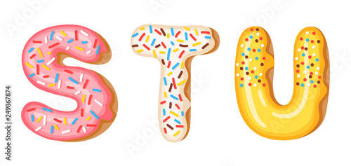 Donut icing upper latters - S, T, U. Font of donuts. Bakery sweet alphabet. Donut alphabet latters A b C isolated on white background