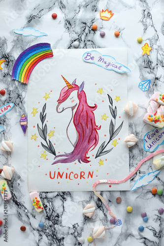unicorn and rainbow. drawing. children's postcard