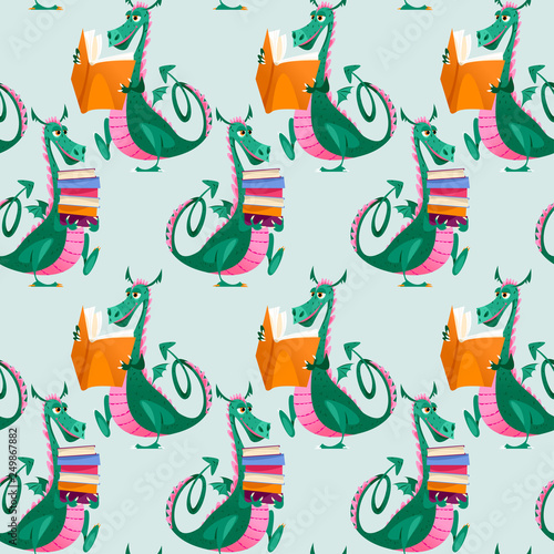 Dragons with books. Diada de Sant Jordi (the Saint George’s Day). Traditional festival in Catalonia, Spain.  Seamless background pattern. photo