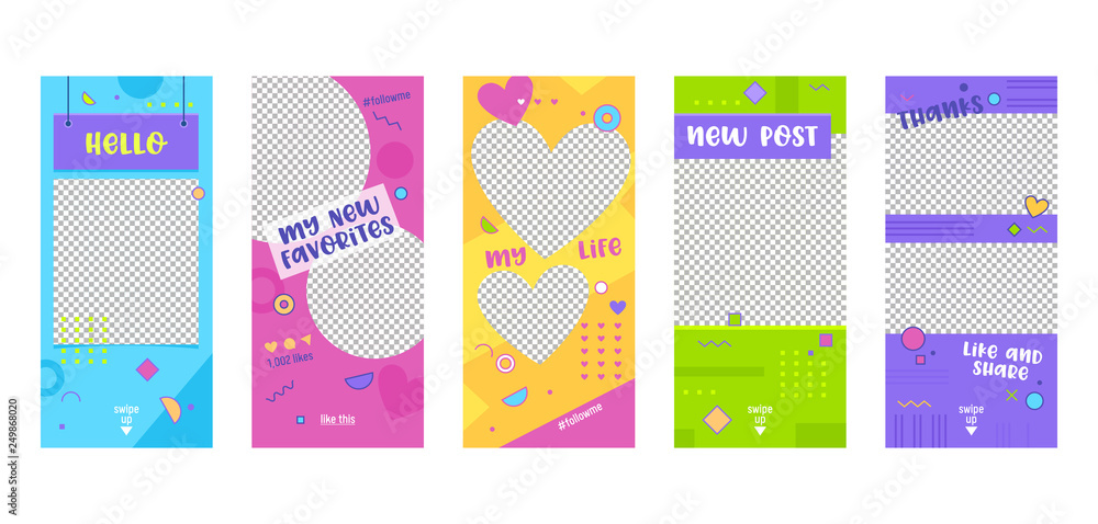 Instagram Story Colorful Template Mobile App Page Onboard Screen Set.  Modern Pink Green Yellow Design. Can Use Social Media Background Website or  Web Page. Flat Cartoon Vector Illustration Stock Vector | Adobe