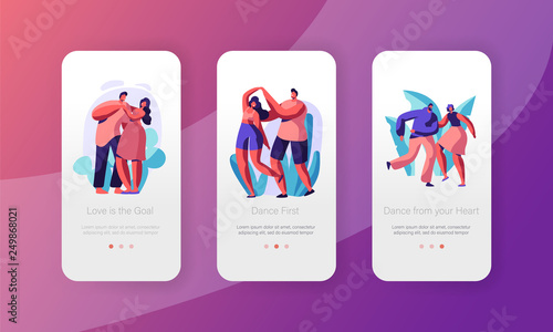Couple Rest Dance Together Mobile App Page Onboard Screen Set. Happy Partner in Love stay in Fun Dancing Position. Active Leisure Concept for Website. Flat Cartoon Vector Illustration