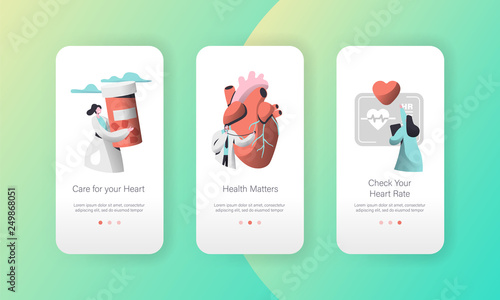 Medical Cardiology Worker Care Heart Health Mobile App Page Onboard Screen Set. Pill for Treatment. Emergency Help First Aid or Healthcare Concept for Website. Flat Cartoon Vector Illustration
