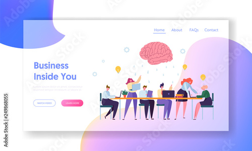 Young People Group Character at Brainstorm Meeting Landing Page. Male and Female Work for New Business Idea. Creative Teamwork Concept Website or Web Page. Flat Cartoon Vector Illustration
