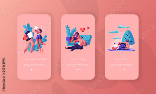 Joyful Couple Spend Time Mobile App Page Onboard Screen Set. Man and Woman Sit Drink Tea or Coffee have Picnic at City Park Pillow Fight Concept for Website Flat Cartoon Vector Illustration