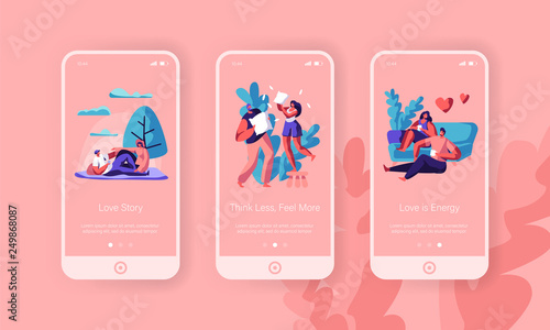Lovers Rest Together Mobile App Page Onboard Screen Set. Happy Pair Sit on Sofa Drink Tea or Coffee have Picnic at Park Pillow Fight at Home Concept for Website Flat Cartoon Vector Illustration