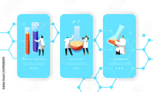 Scientist Hold in Hand Flask with Chemical Liquid Mobile App Page Onboard Screen Set. Laboratory Character made Successful Experiment. Lab Research for Website Flat Cartoon Vector Illustration