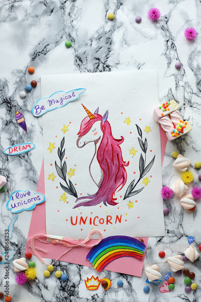 unicorn and rainbow. drawing. children's postcard