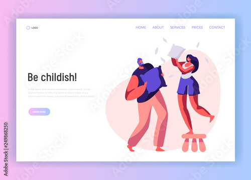 Young Couple have Pillow Battle Fight Landing Page. Man Woman Enjoy Time Together Website or Web Page. Romantic Home Activity. Joyful Lovers Leisure Flat Cartoon Vector Illustration