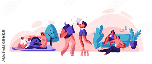 Lovers Couple Relax Spend Time Together Set. Man and Woman Sit on Comfort Sofa Drink Tea or Coffee. Happy Pair Picnic at City Park. Carefree Pillow Fight Flat Cartoon Vector Illustration